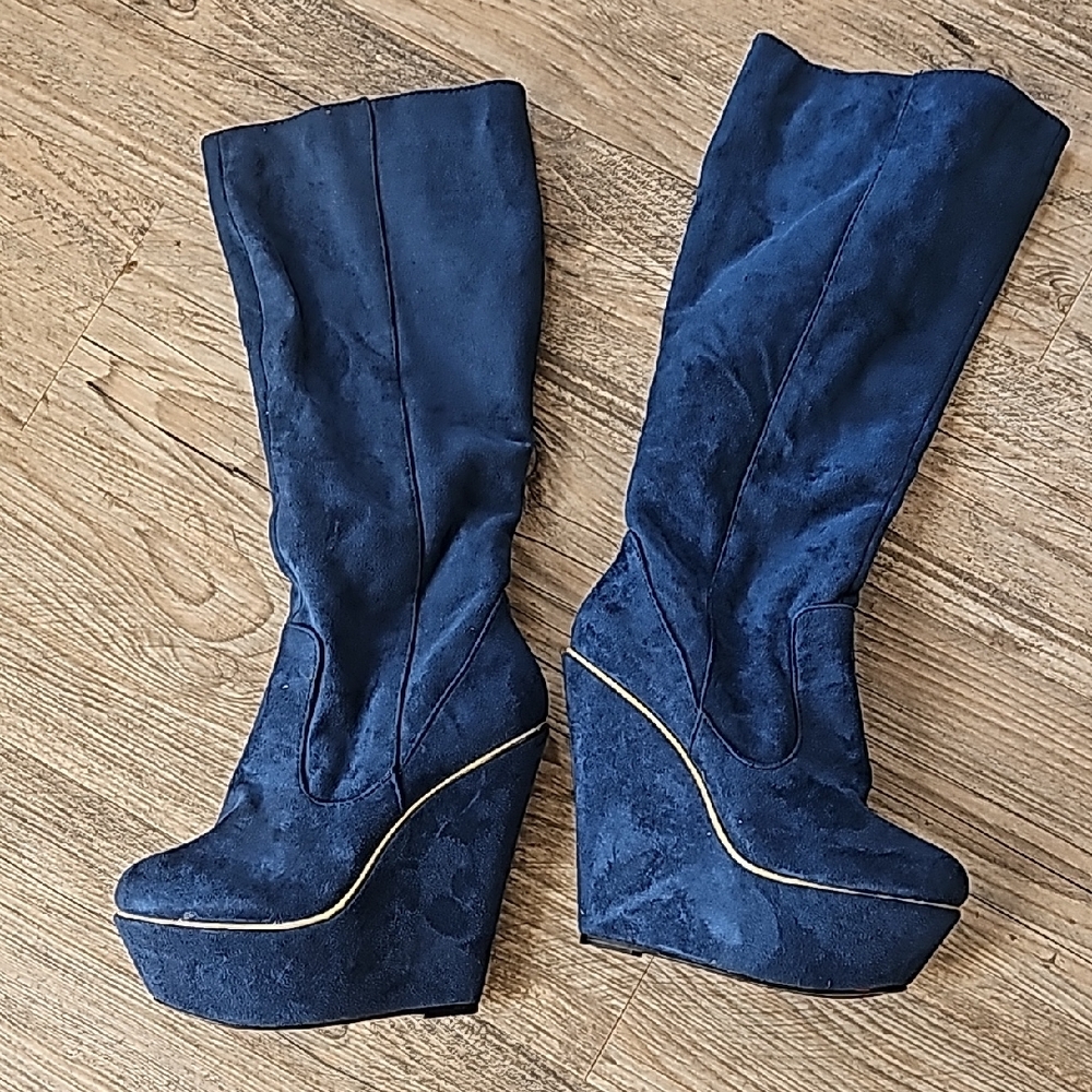 bucco Navy Suede Platform Wedge Boots with Gold Piping
